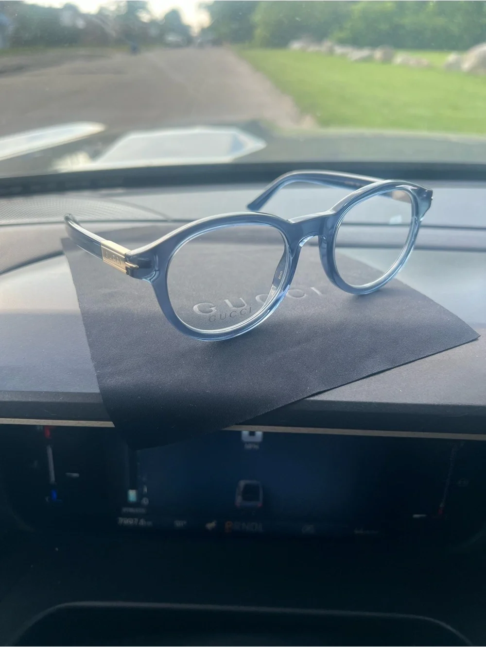 Gucci Translucent Blue Round Eyeglasses with Gold Temples